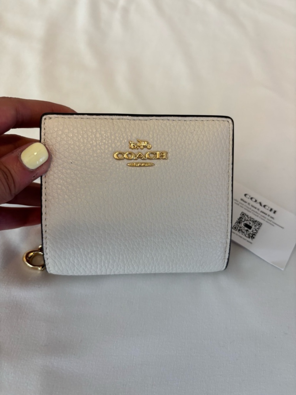 COACH Pebbled Leather Compact Wallet in White with Gold Hardware